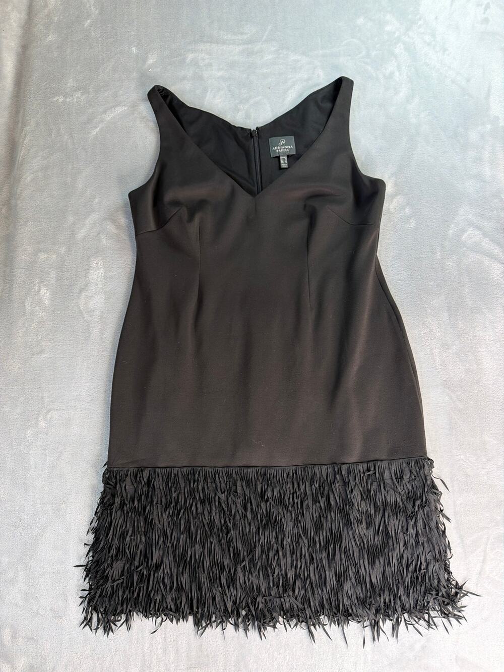 Adrianna Papell Dress Womens 10 Black Ottoman Fringe V-Neck Sleeveless Cocktail